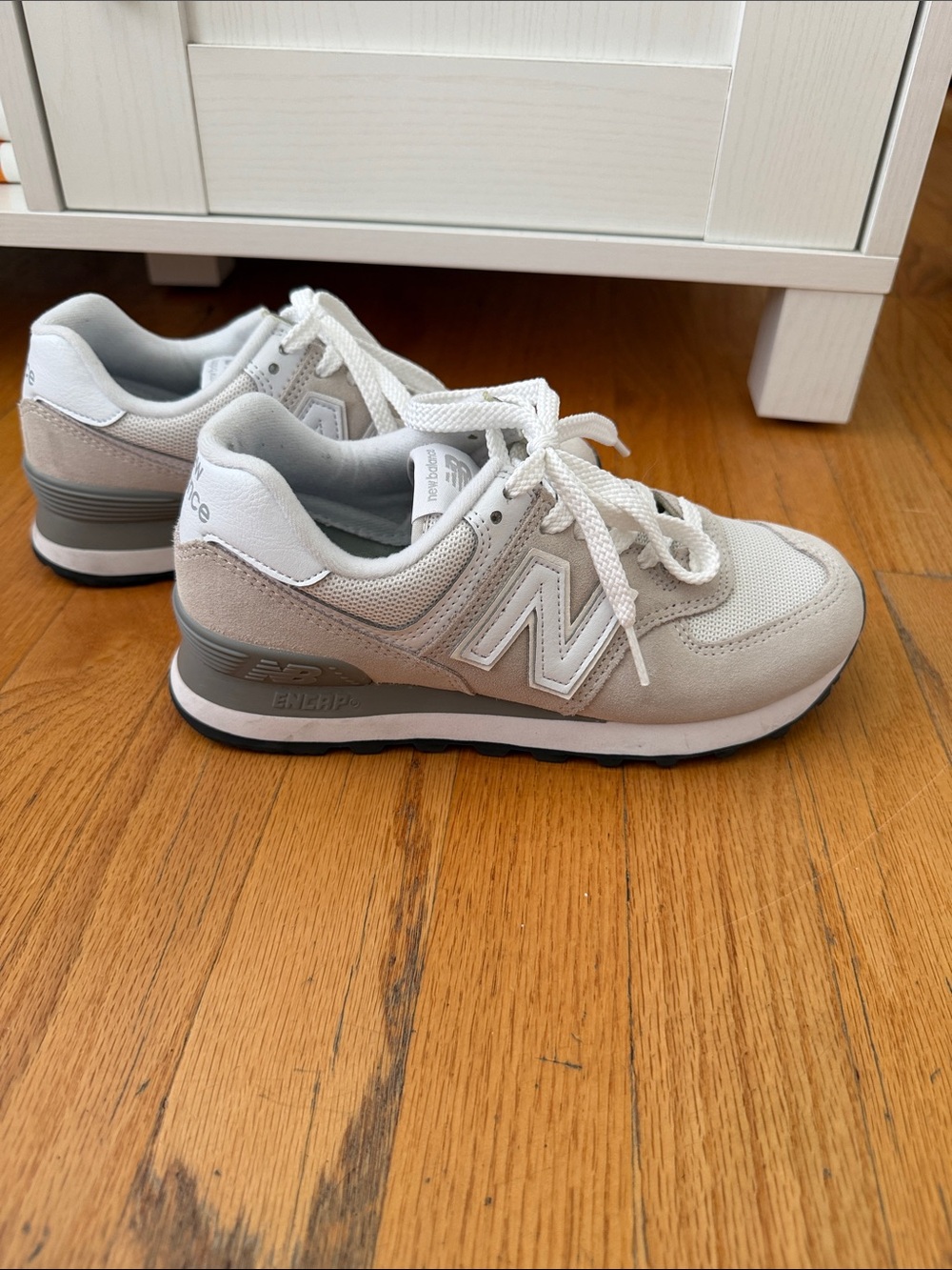 New Balance 574 Neutral Grey Beige Suede Sneakers